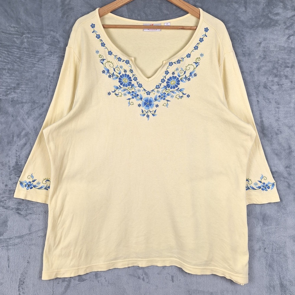 Quacker Factory Top 2X Butter Yellow Boho Embroidered Floral Cotton Casual